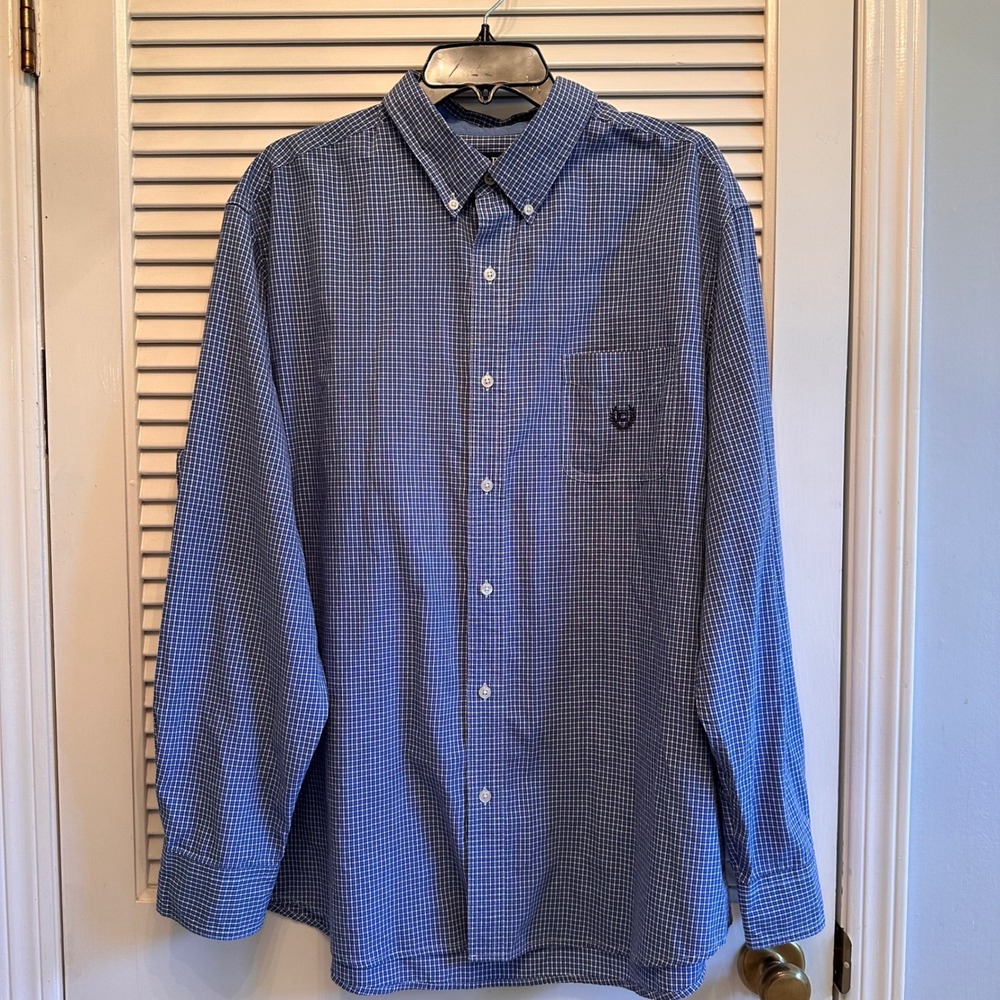 Chaps XXL Button Down Shirt Blue‎ White Plaid Long Sleeve Mens
